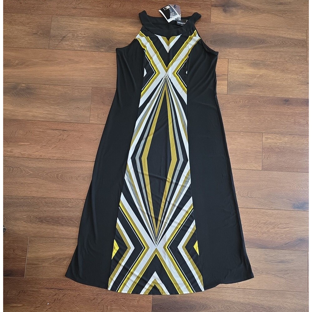Antthony Original Black Yellow Geometric Chevron Sleeveless Maxi Dress Womens L